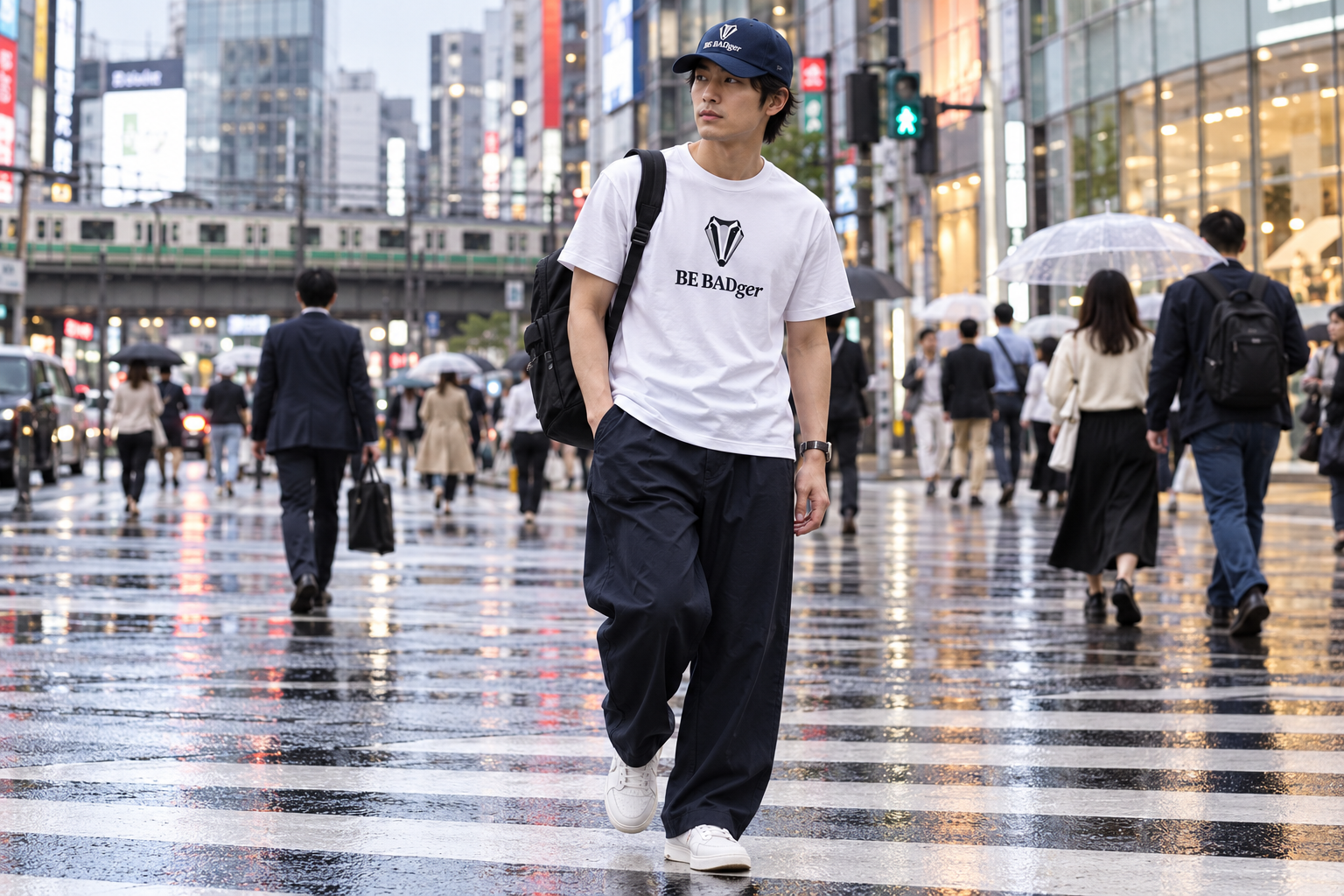 BE BADger clothing worn at shibuya crossing in Tokyo