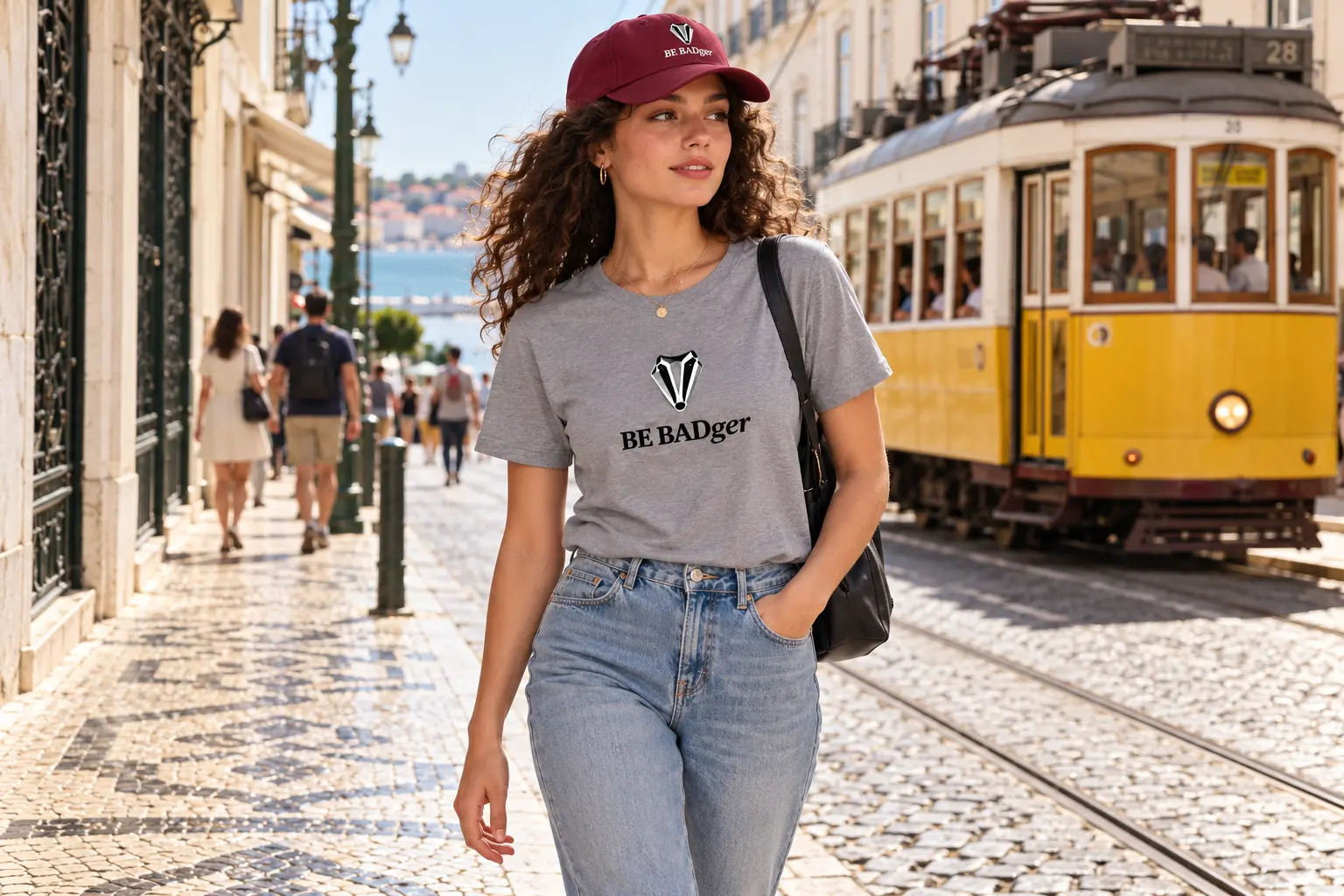 BE BADger clothing worn at tram 28 in Lisbon