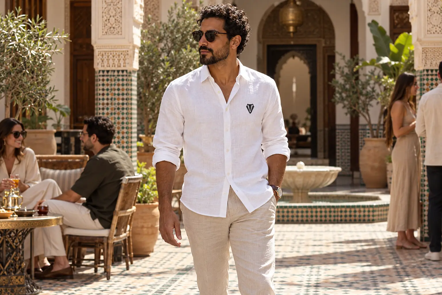 BE BADger clothing worn at riad courtyard in Marrakech