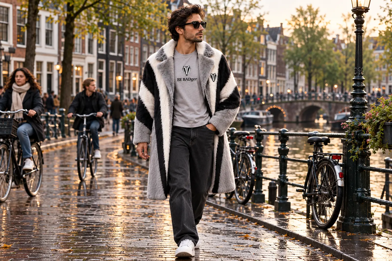 BE BADger clothing worn at canal side in Amsterdam